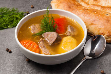 tasty shurpa is a traditional Uzbek soup with lambの写真素材