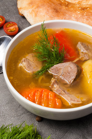 tasty shurpa is a traditional Uzbek soup with lambの写真素材