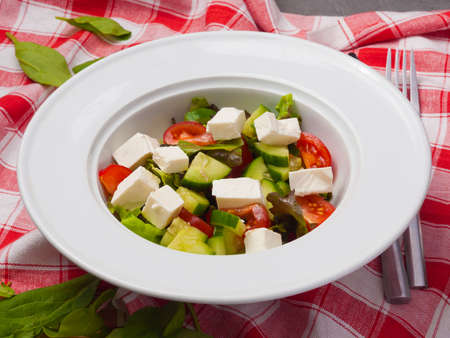 tasty greek salad in a white plate on a red and white tableclothの写真素材