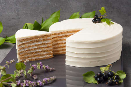 Sweet honey cakes soaked in sour cream and trimmed with textured cream cheeseの写真素材