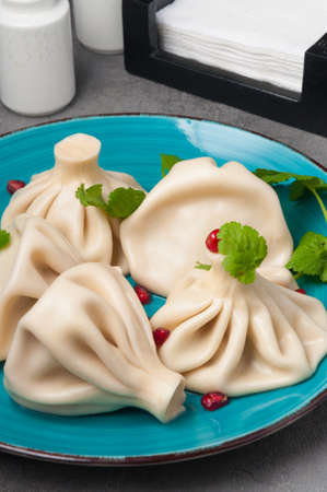 tasty traditional Georgian dish khinkali decorated with pomegranate and cilantroの写真素材