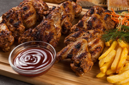 tasty grilled chicken wings with french fries, salad and sauces on a wooden boardの写真素材