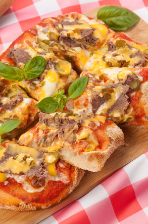 tasty pizza with beef gherkins and jalapeno, mozzarella cheese and cheddar sauceの写真素材