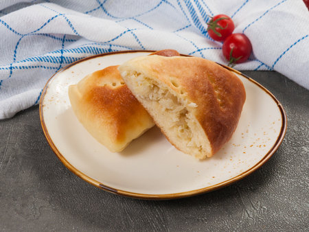 tasty traditional Russian cabbage pie in the cutの写真素材