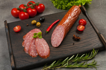 tasty smoked sausage serveat or salami on a dark wooden backgroundの写真素材