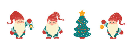 Set of little Christmas gnomes in caps with festive tree, lantern, ball. Vector New Year illustration with fairy-tale characters.のイラスト素材
