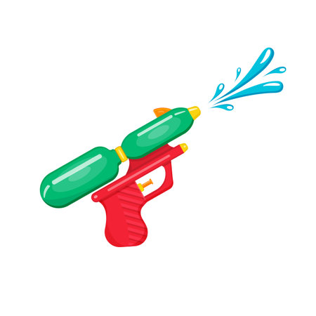 Vector illustration of a pear-shaped water pistol, shoots under water pressure, isolated on a white background. Plastic summer toy for a boy.のイラスト素材