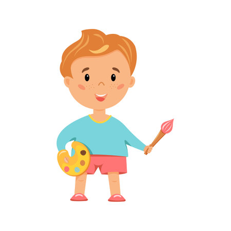 Boy holding paints with brush in his hand, vector illustration isolated on white.のイラスト素材