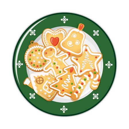 Christmas gingerbread cookies on green porcelain platter.のイラスト素材