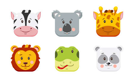 Cute square animal faces in cartoon style.のイラスト素材