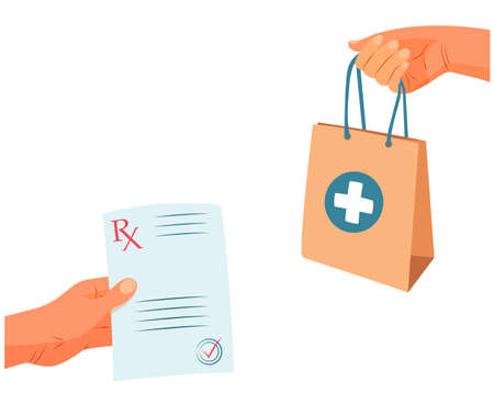 Form rx with stamp. Prescription drugs sale concept with hands illustration.のイラスト素材