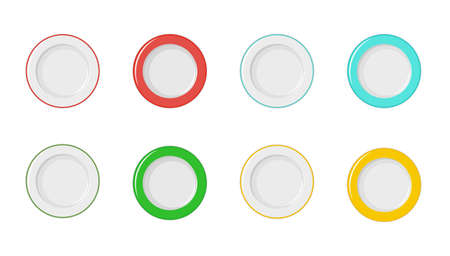 Empty plates with red, blue, yellow and green border on a white background. Dish for serving food to children.のイラスト素材