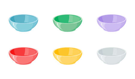 Set of empty multi-colored deep bowls. Vector illustration of plate for soup, rice or porridge.のイラスト素材