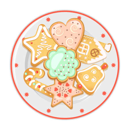 Gingerbread on porcelain dish with red border. Christmas treats.のイラスト素材