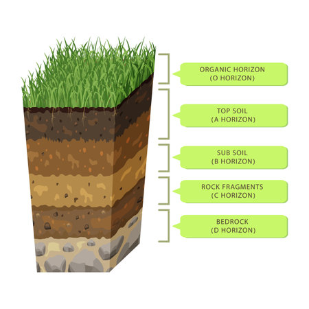 Soil in layers in section. Humus level. Earth structure infographic. Underground profile of volumetric formのイラスト素材