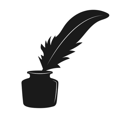 Silhouette of an inkwell with feather. Retro symbol of poetry. Ink icon on white backgroundのイラスト素材