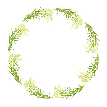 Round frame made of rice ears. Border of plant twigs and leaves for design. Basmati wreathのイラスト素材