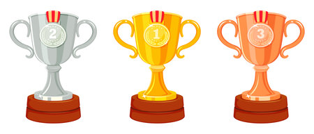Winners cups with medals. Prizes for first second and third places. Shampion awardsのイラスト素材