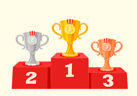 Award ceremony podium. Gold, silver and bronze cups with medals. Competition trophies vector illustrationのイラスト素材