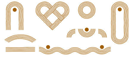 Set of geometric linear shapes in boho style. Arcs and arches of wavy lines.のイラスト素材
