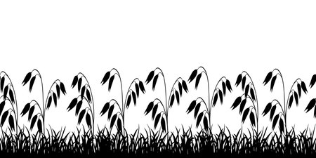 Silhouette of an oat field. Border with seamless patterns of grass and cereals.のイラスト素材