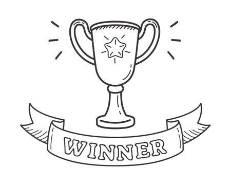 Winner trophy in doodle style. Illustration of a champion cup with ribbon. Cartoon outline illustration of awardのイラスト素材