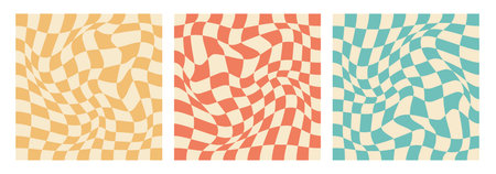 Psychedelic chess seamless pattern. Set of backgrounds with distorted cellのイラスト素材