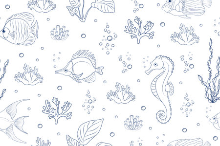 Seamless marine pattern with tropical fish and seahorse. Doodle linear background with underwater world and algaeのイラスト素材