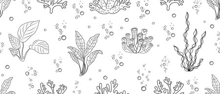 Seamless sea doodle pattern with seaweed and corals. Background with linear drawings of underwater vegetationのイラスト素材