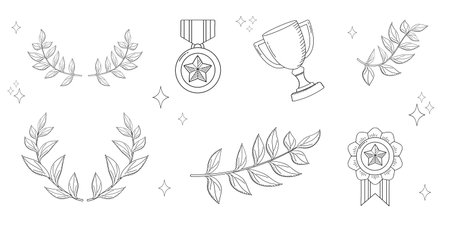 Winner elements in doodle style. Cup and laurel wreath for award ceremony.のイラスト素材