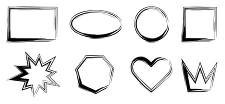 Frame drawn with rough brush in the form of square, circle, star and heart. Rectangle and crown outline in grunge style.のイラスト素材