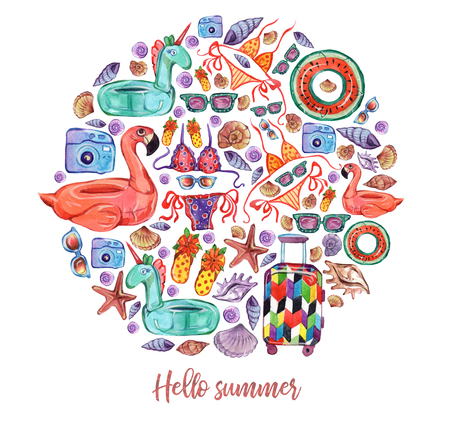 Summer vacation circle set, watercolor elementsの写真素材