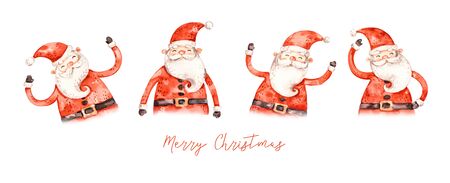 Watercolor santa claus set in naive childish style, greeting banner decoration. Merry christmas and happy new year aqarelle poster isolated on white backgroundの写真素材