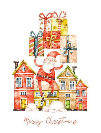 Nursery watercolor santa claus with gift boxes, naive design, greeting postcard cover isolated on white background. Merry xmas and happy new year aqarelle cardの写真素材