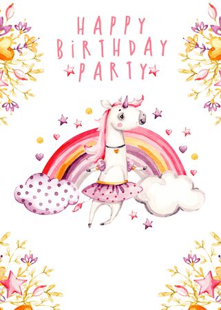 Isolated cute watercolor unicorn Birthday party invitation card. Nursery unicorns and rainbow illustration. Princess unicorns poster. Trendy pink cartoon horse. For print, surface design, girl t shirtの写真素材