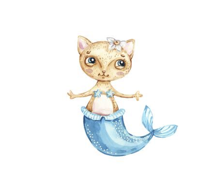Watercolor nursery Magic cute baby cat mermaid unicorn Childish illustration with fairy animal for apparel. Handpainted sea animal. Kids or babys shirt design, print, t-shirt, kids wear, baby showerの写真素材