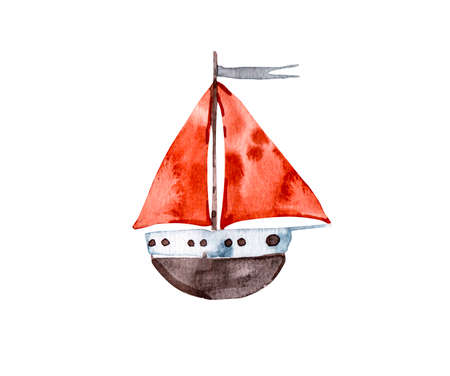 Nursery cute Abstract watercolor boat red sail, baby clipart. Template for the boy newborn kids, childish invitation cards, concept of love and freedom - texture of paint paper in color illustrationの写真素材