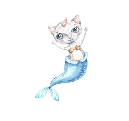 Cute baby cat mermaid unicorn Childish illustration with fairy animal for apparel. Watercolor nursery Magic Handpainted sea animal. Kids or babys shirt design, print, t-shirt, kids wear, baby showerの写真素材