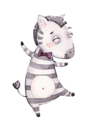 watercolor nursery cute baby zebra, sweet cartoon zebra isolated on white, fashion child vwatercolour, scandinavian illustration for t-shirt, kids apparel, invitation, children design, baby showerの写真素材