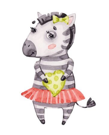 watercolor nursery cute baby zebra girl, sweet cartoon zebra isolated on white, fashion child vwatercolour, scandinavian illustration for t-shirt, kids apparel, invitation, children design baby showerの写真素材