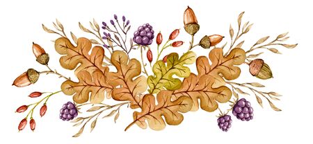 Watercolor floral composition bouquet with flower berries grass, oak leaves, lavender, acorns. Delicate handpainted flora background. Isolated autumn illustration Spring summer wedding Romantic designの写真素材