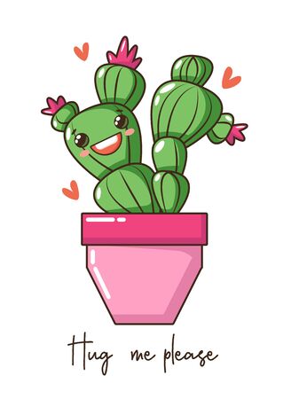 Cute kawaii baby cactus succulent with happy funny smile face in pot, crown flower and wishes, fashion slogan. Vector Nursery design poster, birthday, greeting cards, invitations or like stickerのイラスト素材