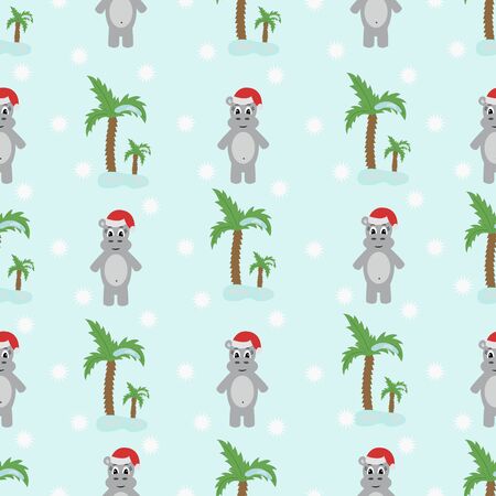 Seamless pattern with cute hippopotamus and christmas palm on a blue background. Vector illustration.のイラスト素材