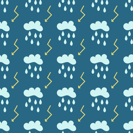 Seamless pattern with cute white clouds, rain, lightning. Vector illustration.