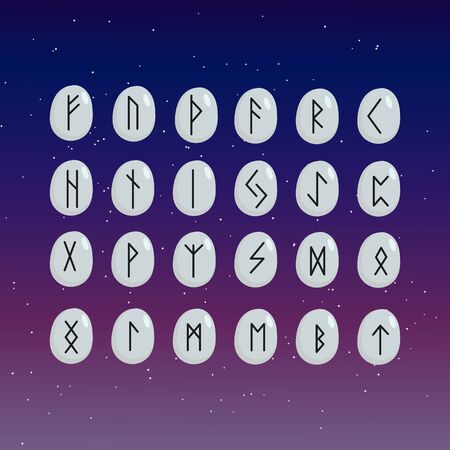 Scandinavian runes on blue background. Runic alphabet. Ancient occult symbols.のイラスト素材