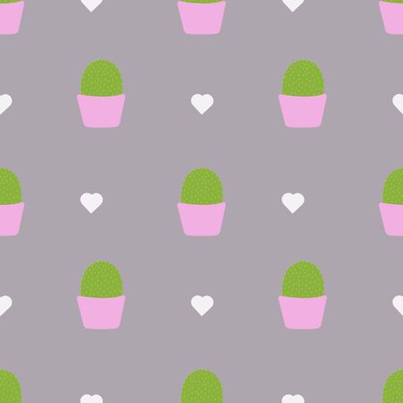 Seamless pattern with cute cactus on a gray background. Vector.のイラスト素材