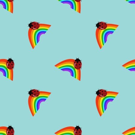 Seamless pattern rainbow and ladybug on a blue background. Vector.のイラスト素材