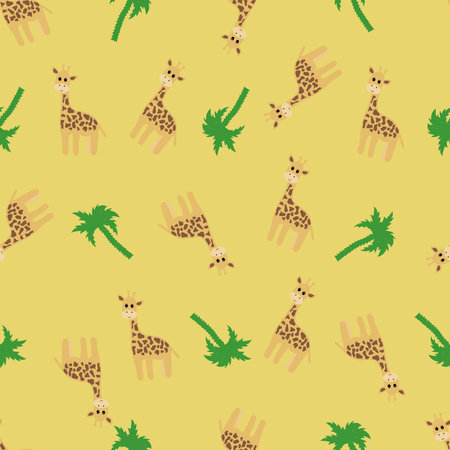 Seamless pattern with cartoon giraffe and palms. Vector illustration.のイラスト素材