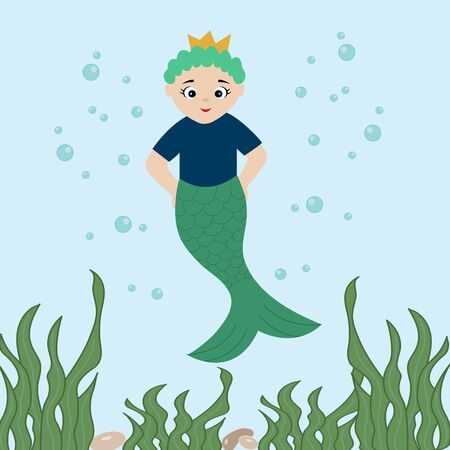 Cartoon cute neptune the god of the sea. Vector illustration in a flat style.のイラスト素材