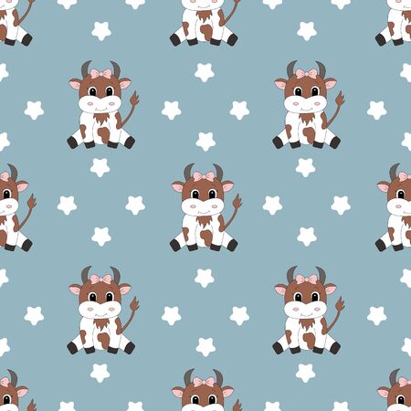 Seamless pattern with cartoon baby cow. Vector illustration.のイラスト素材